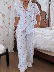 SHEIN 泡泡褶皱条纹樱桃印花翻领女士睡衣套装 - 藍色 - 查看 2