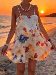 INAWLY 女士夏季休闲沙滩度假印花蕾丝宽松吊带连衣裙 - 杏色 - 查看 4