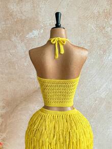 Soleia Bộ đồ 2 mảnh dành cho nữ gồm áo crop top cổ chữ V buộc dây sau lưng và chân váy ngắn tua rua, thích hợp cho tiệc tùng, Giáng sinh, hẹn hò, hộp đêm, phong cách Bohemian, Boho, kỳ nghỉ, mùa thu. - Màu vàng - Xem 3