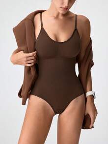 塑身连体裤，带衬垫胸部、收腹提臀功能，褶皱紧身连体裤 - 咖啡棕 - 查看 10