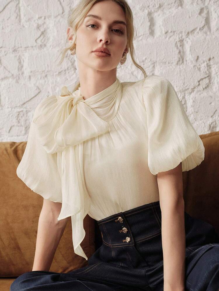 Anewsta Essential Elegant & Graceful Tie Collar Short Sleeve Casual Commuting Blouse For Women, Summer New Arrival