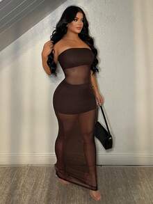 SHEIN SXY 无袖性感网纱透视连衣裙 - 棕色 - 查看 6