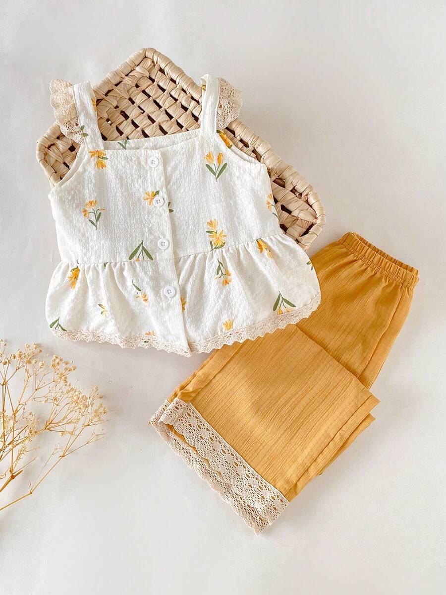 SHEIN Young Girl Casual Floral Print Front Button Camisole And Pants 2-Piece Set, Summer - Yellow - View 1