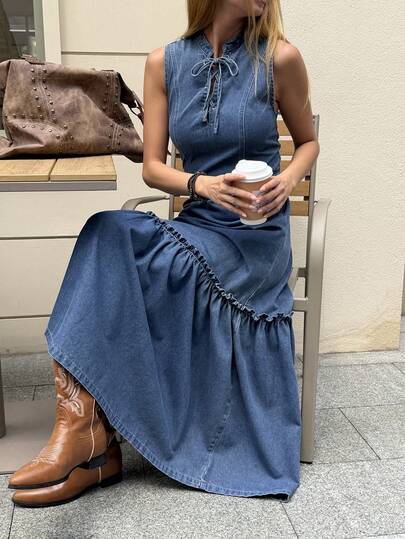 DAZY Women's Flowy Sleeveless Collared Tie-Waist Patchwork Denim Dress, Spring/Summer