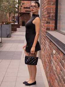 Andrea Bello 女性高領腰帶A型連衣裙，時尚百搭，適合辦公室 - 黑色 - 查看 3