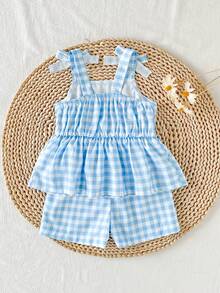 SHEIN 2件套女婴幼儿/新生儿0-3岁休闲日常可爱度假条纹蝴蝶结装饰吊带背心+短裤套装，春夏款 - 藍色 - 查看 2