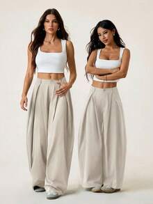 SHEIN PETITE Quần dài nữ mùa hè kiểu vintage năng động, phong cách đường phố, dáng rộng, màu xanh quân đội, ống loe, gấu quần cong. - Màu be - Xem 6