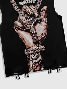 ROMWE MEN Street Life 2000s Style Casual Palm Print Sleeveless Crew Neck Top With Tassel Hem, Summer - Black - View 3