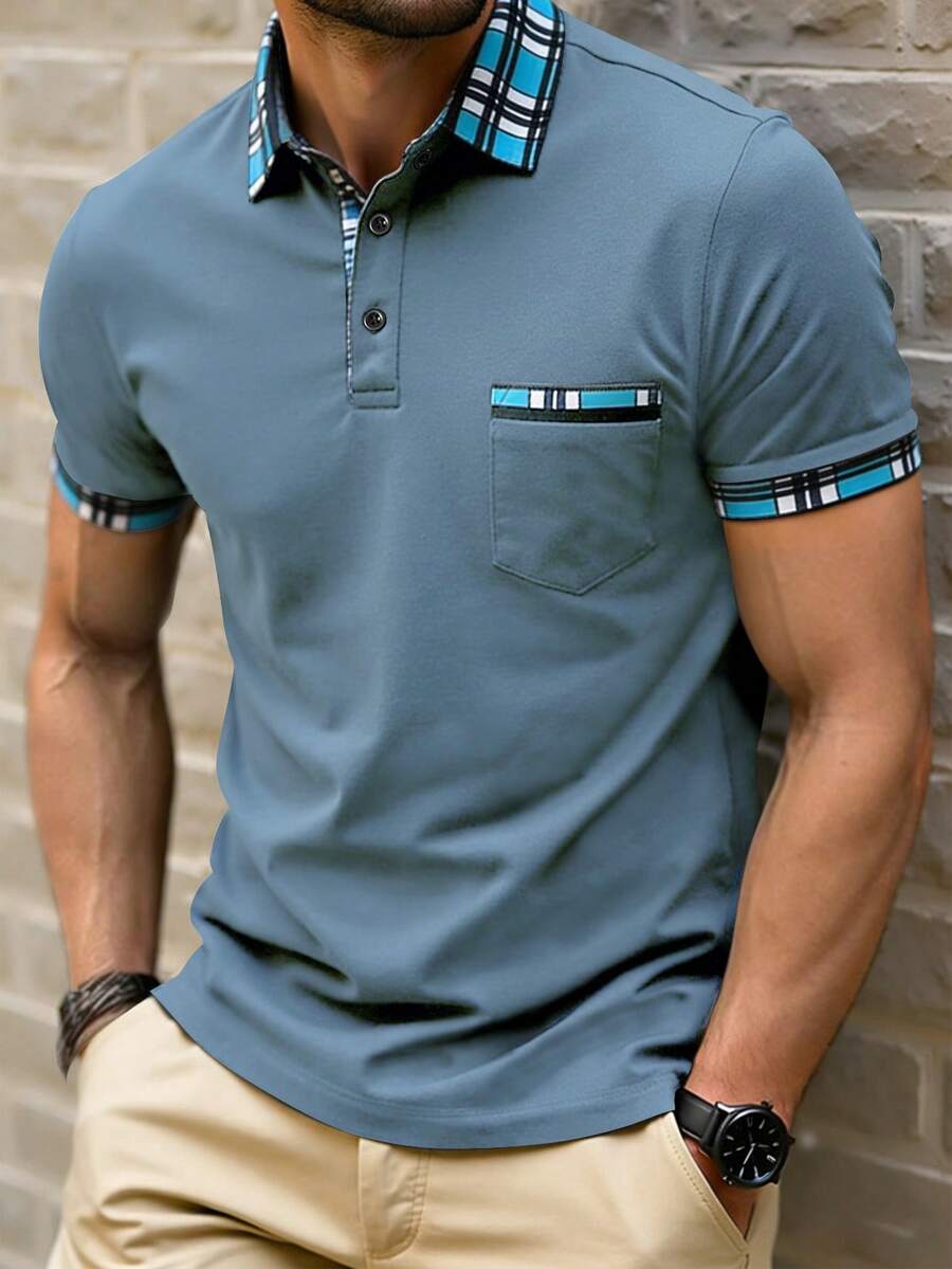 Manfinity Homme 大尺碼男士休閒商務拼接格紋印花短袖 Polo 衫,夏季,正式 - 霧霾藍 - 查看 1