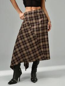 SHEIN PETITE 2025新款极简主义冬季女士棕色格子裹身不对称下摆时尚百搭半身裙,适合外出穿着,优雅连衣裙,女士休闲装,圣诞派对裙装,新年正式礼服,秋季,女士秋装,女士冬装 - 咖啡棕 - 查看 7