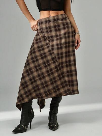 SHEIN PETITE 2025新款极简主义冬季女士棕色格子裹身不对称下摆时尚百搭半身裙，适合外出穿着，优雅连衣裙，女士休闲装，圣诞派对裙装，新年正式礼服，秋季，女士秋装，女士冬装