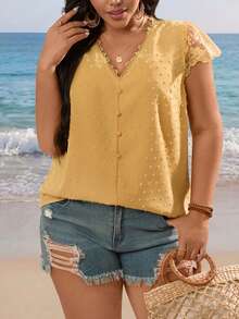 EMERY ROSE 时尚畅销款镂空花卉拼接下摆休闲衬衫，适合大码女性 - 黃色 - 查看 4