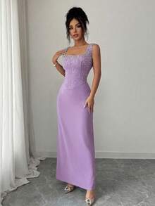 Elenzga Gaun Elegan Romantis Pas Badan Tanpa Lengan, Leher Persegi, Ikat Pinggang, Dekorasi Mutiara & Berlian Imitasi, Cocok untuk Pesta dan Pernikahan - Mauve Purple - View 3