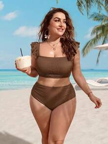 Swim Lushoire Plus Size Women Summer Beach Solid Color Ruffle Trim Fashionable Bikini Swimwear Set - Brown - View 6