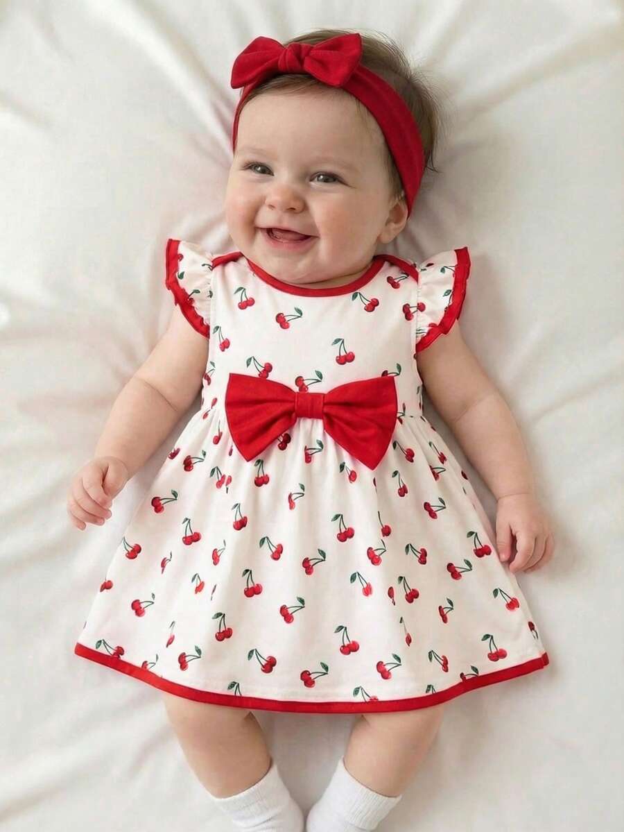 Newborn Baby Girl Cute Knitted Color Block Bow&Cherry Print Flutter Sleeve Dress Sleeveless Floral Dresses - Red - View 1