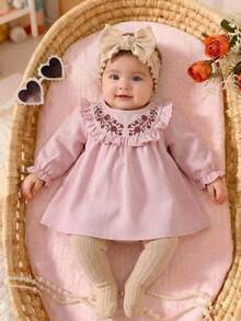 Vestido holgado de manga larga con volantes, estampado floral de bloques de color, para bebé niña recién nacida - Rosa - Ver 6