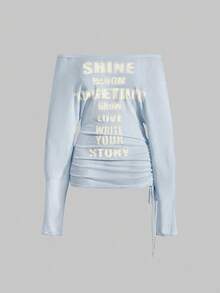 ROMWE Grunge Punk Áo thun dài tay trễ vai phong cách Punk lãng mạn in hình chữ thập và chữ cái dành cho nữ - Màu xanh nhạt - Xem 5