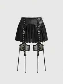 ROMWE PU & Mesh Patchwork Rivet Lace-Up Women's Mini Skirt - Black - View 1
