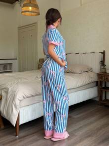 Dream Adore Cute & Sexy Contrast Color Striped Bow Ruffle Women Pajama Set - Multicolor - View 2