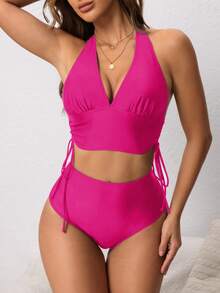 Swim Lushoire Versatile Adjustable Drawstring Women Swimwear Set - Hot Pink - View 4