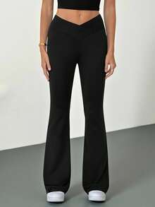 SHEIN Tall Quần ống loe cạp cao đơn giản màu trơn mùa hè mới 2024 - màu đen - Xem 6