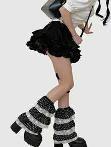 ROMWE Grunge Punk 1 Paar schwarz-weiß kontrastierendes Retro Polka Dot elegantes, lässiges Y2K süßes, einfaches Polka Dot Spitzenrand Träger Schleife Sommerbein Abdeckung, geeignet für den täglichen Gebrauch, Musikfestivals und andere Anlässe. - cremefarben - Übersicht 4
