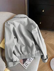 INAWLY Casual Loose Zip-Up Contrast Color Graphic Print Long Sleeve Jacket - Blue - View 2