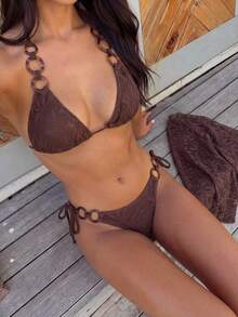 Swim Vcay 2pcs Knitted Textured Ruffle Trim Metallic Accent Solid Color Bikini Set, Sexy Beach Wear For Holiday Party, New Year, Christmas, Summer - Coffee Brown - View 4