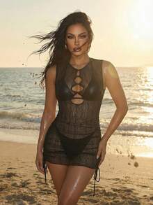 Swim SXY Bộ 3 món/set 2026 mới bằng vải PU, quần lọt khe tam giác buộc dây + váy ren lượn sóng tay ngắn khoét eo có dây rút bên hông, bộ bikini gợi cảm, thoải mái cho kỳ nghỉ biển của phụ nữ. - màu đen - Xem 3