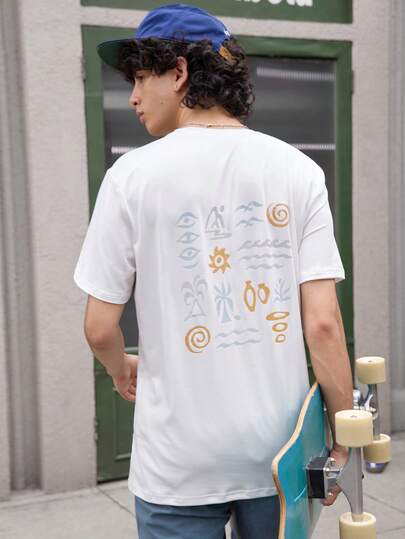 Open Phase 男士简约植物印花圆领短袖休闲T恤，复古美式，男女皆宜，宽松版型夏季服装——适合日常穿着和夏季度假穿着。