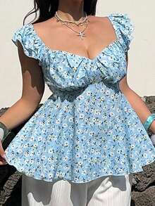 Sunnyshic Plus Size Sweet Ditsy Floral Ruffle Collar Petal Sleeve Blouse - Blue - View 1