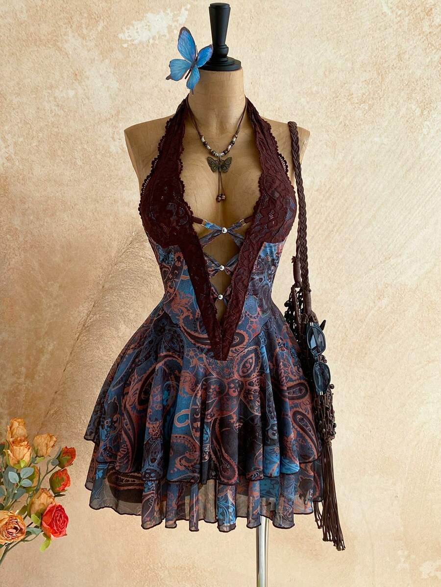 SHEIN WYWH Đầm ngắn cổ yếm ren in họa tiết gợi cảm thời trang nữ - Cà phê nâu - Xem 1