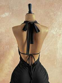 Soleia Women's Black Summer 70's Club Party Disco Retro Ombre Print Mesh Metallic Decor Layered Ruffle Plunging Jumpsuit, Fashion For Western - Black - View 9