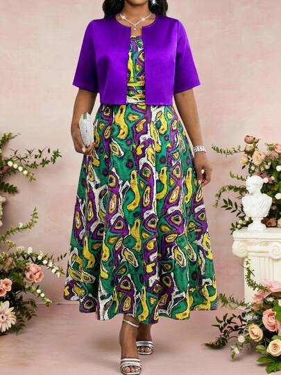 Fleurora Bộ đồ dự tiệc cỡ lớn thanh lịch gồm áo croptop màu trơn và váy không tay in họa tiết, gồm 2 món.