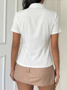 Aloruh 女士休闲简约白色立领短袖衬衫 - 白色 - 查看 2