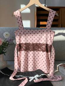 Comfortcana 2026春夏新款时尚女装浅粉色撞色蕾丝波点印花无袖上衣，适合夏季、圣诞节、新年及各种场合，也可作为派对、海滩、休闲度假波点衬衫穿着。 - 淺粉色 - 查看 2