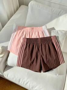 Comfortcana 2条装女士弹力腰带条纹宽松休闲运动短裤，返校季 - 彩色 - 查看 5