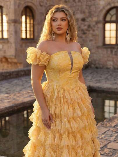 Glamrae Vestido de talla grande elegante y romántico con estampado digital 3D en amarillo, con hombros descubiertos, mangas con volantes, cuello en V y corte peplum, adecuado para fiestas de noche, citas, bailes, cumpleaños y eventos de boda