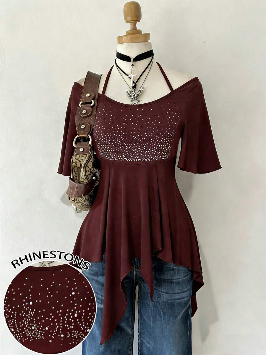 Lalippa 女士水钻装饰露肩系带时尚百搭衬衫，适合约会和外出穿着 - 咖啡棕 - 查看 1