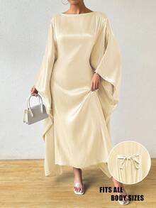 Rafferiza 女士圆领蝙蝠袖纯色宽松休闲假日连衣裙套装 - 黃色 - 查看 6