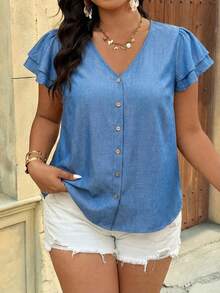 SHEIN VCAY 大码女式V领单排扣休闲百搭日常衬衫 - 藍色 - 查看 6