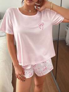 Dream Adore 2pcs Girly Pink Bow Printed Short Sleeve Shorts Pajama Set - Multicolor - View 5