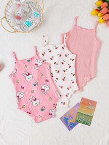 SHEIN Playful Pals 3pcs Baby Girls' Comfortable Versatile Minimalist Solid Color Knit Camisole Romper Set, Spring/Summer - Multicolor - View 2