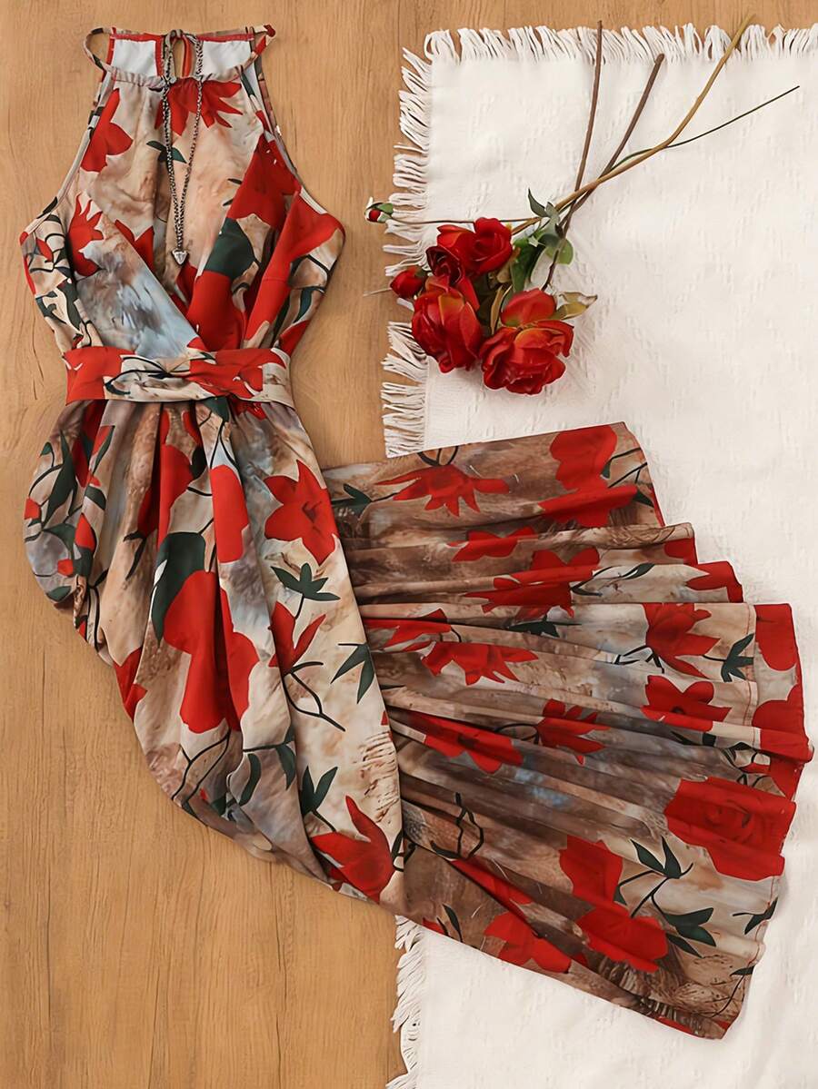 GlowEve CURVE Women's Elegant Floral Print Dress, Spring/Summer Holiday Outfit, New Arrival Spring Long Sleeve Cinched Waist Dress, Graceful Holiday Dress For Ladies - Multicolor - View 1