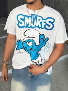 SHEIN X The Smurfs 男士卡通印花圆领短袖休闲T恤 - 白色 - 查看 9