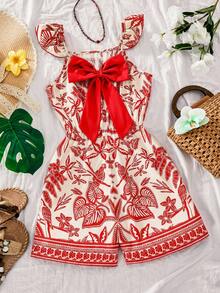 Sparklyn Romper Anak Perempuan Motif Tanaman Tropis dengan Lengan Bergelombang, Desain Pita di Bagian Belakang, dan Detail Bunga di Bagian Bawah, Potongan Longgar untuk Gaya Liburan Musim Panas yang Santai - MultiWarna - View 3