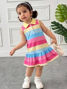 SHEIN 女婴休闲家居套装甜美可爱彩虹条纹纽扣开领无袖拼接荷叶边A字连衣裙T恤裙Polo衫裙 - 彩色 - 查看 5