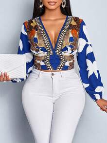 SOLERSUN 大码女装秋冬日常休闲及优雅通勤装。杏色底黑色花卉印花。梭织面料。深V领。腰部褶裥。后背收褶。长袖。灯笼袖。衬衫/罩衫，万圣节主题。 - 藍色 - 查看 2