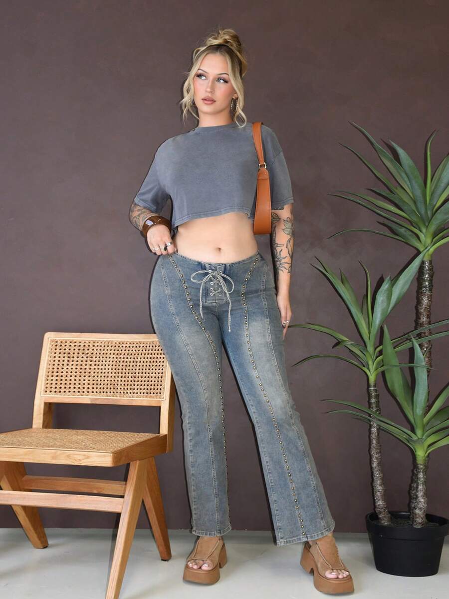 Arliah 性感复古铆钉系带低腰牛仔裤 - 中等水洗藍 - 查看 1