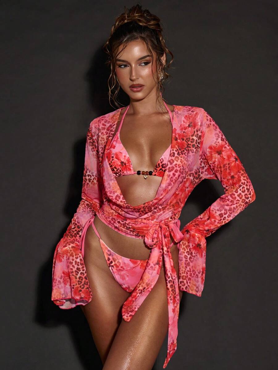 SHEIN BAE Women's Vacation Leopard & Floral Print Draped Neck Flare Sleeve Cover Up,2026 Summer New Arrival: Women's Pink Animal Print/Leopard Print Cover-Up Top, Beach Vacation Wear, Sexy Party/Music Festival Swimwear, Hawaiian Style, Women's Beach Vacation Wear, Elegant Women's Beachwear, Vacation Wear, Women's Swimwear, Beach Party, Pool Party Cover Ups For Swimwear - Pink - View 1